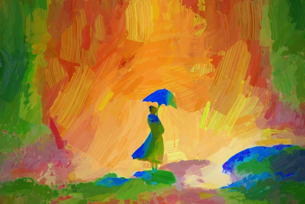 Peinture personne sous parapluie